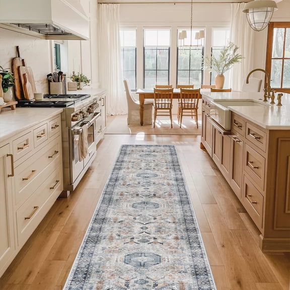 Washable Kitchen Runner Rug 2x10: Non-slip Hallway Entryway Rugs Indoor Soft Low Pile Stain Resistant Carpet For Bedroom Laundry Ultra-thin Vintage Home Decor Mat Bathroom (grey/blue  2 X 10)
