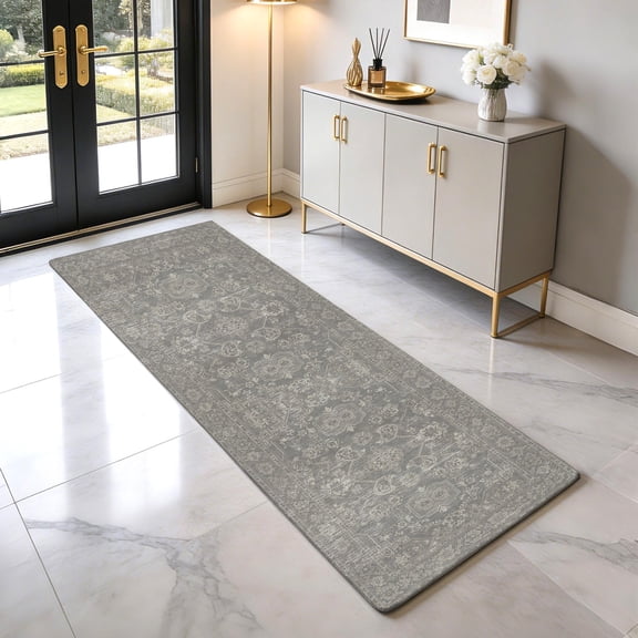 2x5 Hallway Runner Rug, Washable Non Slip Low Pile Soft Distressed Light Gray Vintage Runner Rug for Kitchen Bedroom Entryway