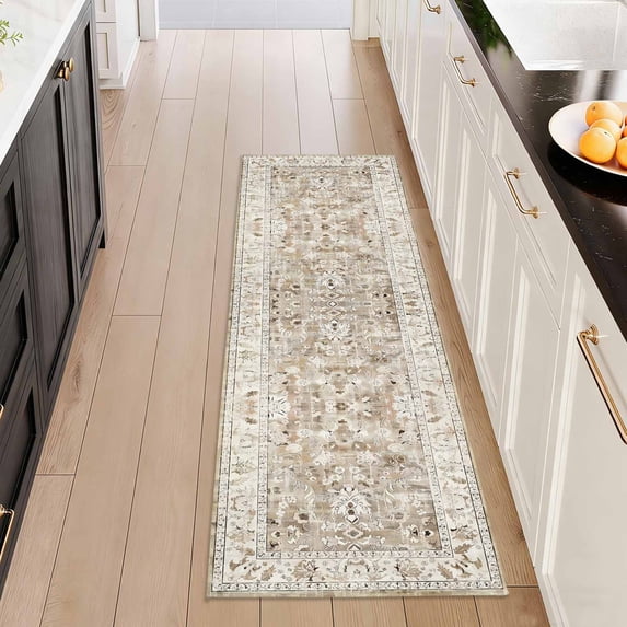 Washable Kitchen Runner Rug 2x5 ft, Modern Vintage Soft Low Profile Non Slip Rug with PVC Backing, Farmhouse Vintage Carpet for Kitchen Sink, Hallway, Laundry Room, Brown