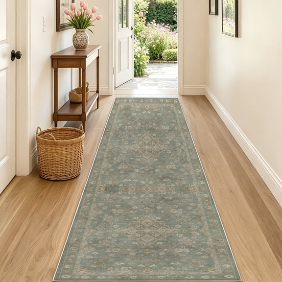 2x5 Hallway Runner Rug, Washable Non Slip Low Pile Soft Distressed Sage Green Vintage Floral Rugs for Kitchen Bedroom Entryway