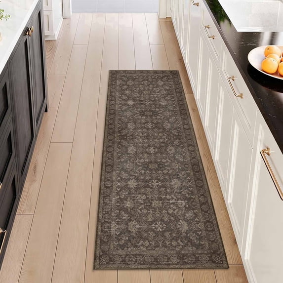 Washable Kitchen Runner Rug 2x5 ft, Non Slip Low Profile Soft Rug, Distressed Vintage Floral Carpet for Kitchen, Entryway, Hallway, Laundry, Brown