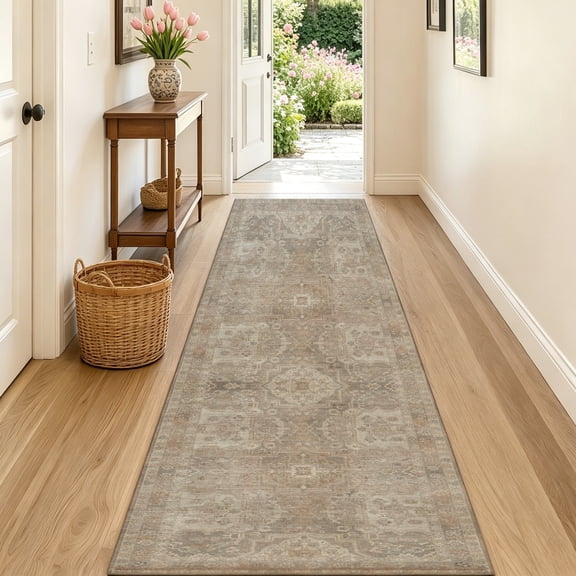 SAND KEEPER 2x5 Hallway Runner Rug, Washable Non Slip Low Pile Soft Distressed Light Taupe Vintage Oriental Runner Rugs for Kitchen Bedroom Entryway