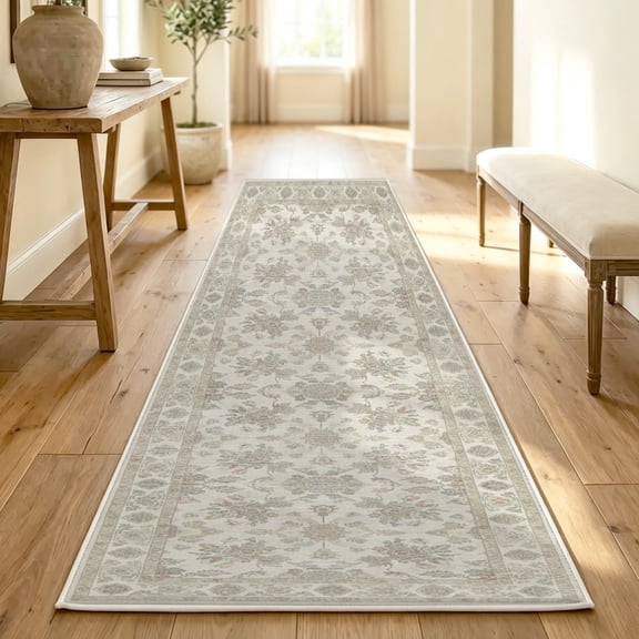 2x5 Hallway Runner Rug, Washable Non Slip Low Pile Soft Distressed Cream Greige Vintage Floral Runner Rugs for Kitchen Bedroom Entryway