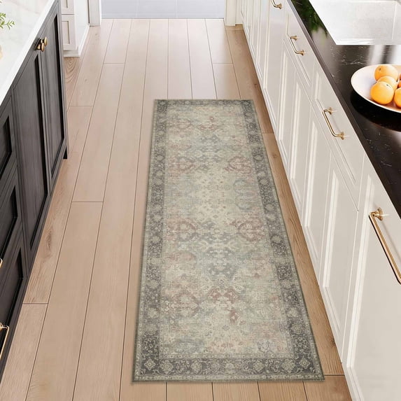 Washable Kitchen Runner Rug 2x5 ft, Modern Vintage Soft Low Profile Non Slip Rug with PVC Backing, Farmhouse Vintage Carpet for Kitchen Sink, Hallway, Laundry Room