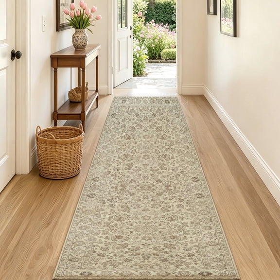 2x5 Hallway Runner Rug, Machine Washable Non Slip Soft Vintage Beige Floral Runner Rugs for Entryway Kitchen Bedroom Laundry Room