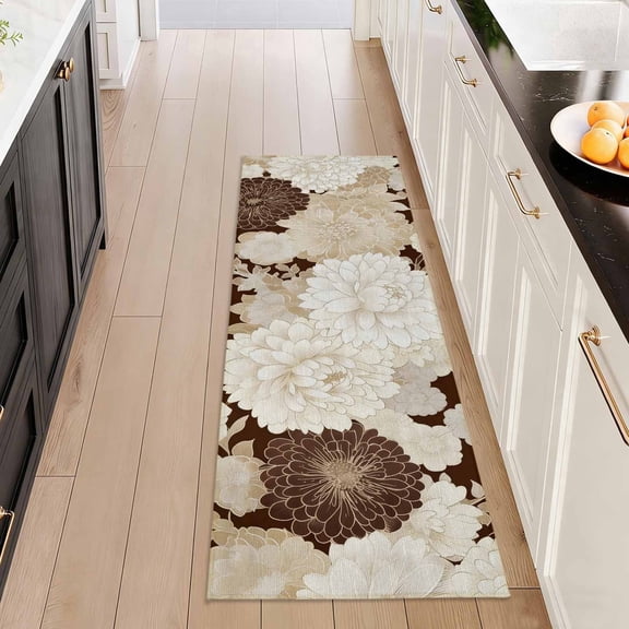 Washable Kitchen Runner Rug 2x5 ft Non Slip Soft Low Profile Kitchen Rug with PVC Backing, Modern Floral Rug for Kitchen Sink, Hallway & Laundry Room, Brown