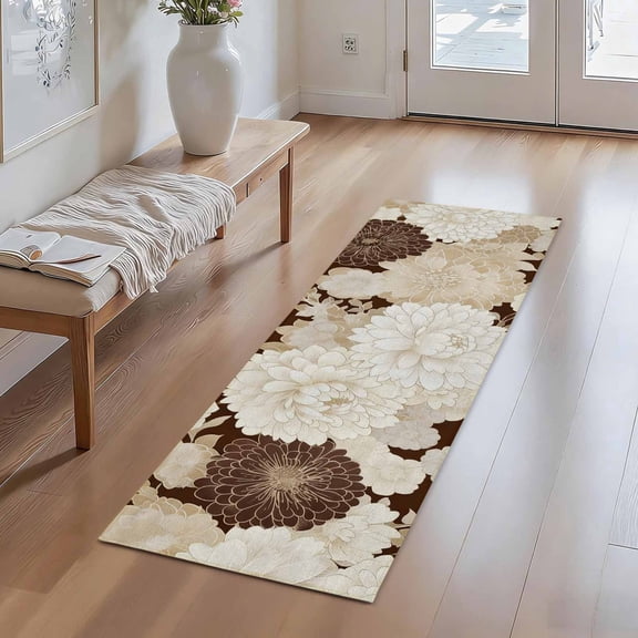 2x5 Hallway Runner Rug, Washable Non Slip Low Pile Soft Brown Large Flowers Modern Boho Floral Runner Rugs for Kitchen Bedroom Entryway