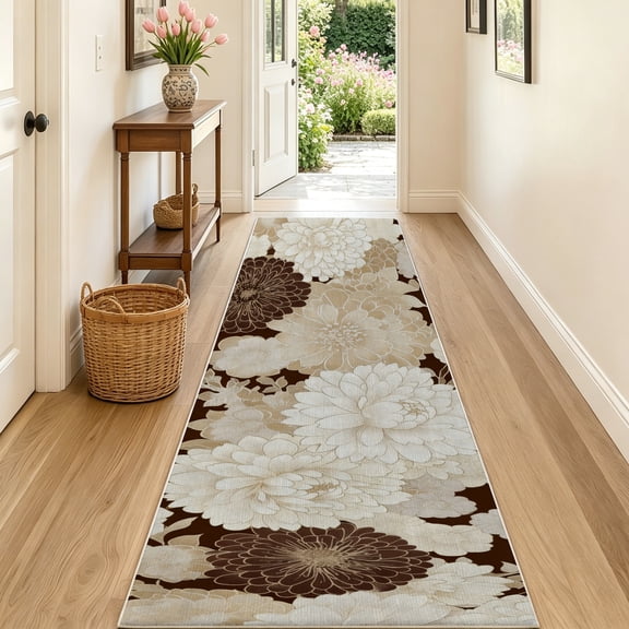 2x5 Hallway Runner Rug, Washable Non Slip Low Pile Soft Brown Large Flowers Modern Boho Floral Runner Rugs for Kitchen Bedroom Entryway