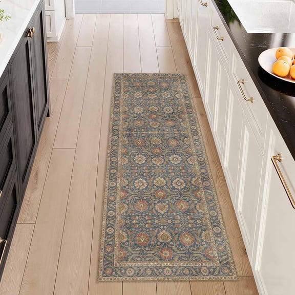 Washable Kitchen Runner Rug 2x5 ft, Non Slip Soft Low Profile Kitchen Rug with PVC Backing, Vintage Distressed Medallion Oriental Rug for Kitchen Sink, Hallway & Laundry Room