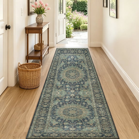 2x5 Hallway Runner Rug, Washable Non Slip Low Pile Soft Distressed Dusty Teal Oriental Vintage Rugs for Kitchen Bedroom Entryway Laundry Living Room