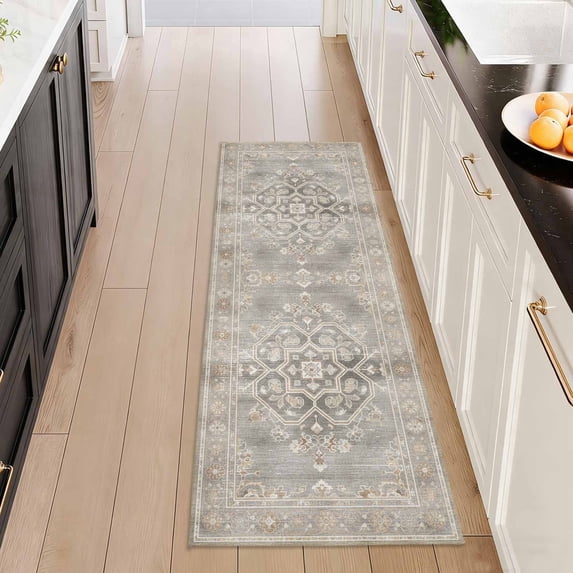 Washable Kitchen Runner Rug 2x5 ft, Non Slip Soft Low Profile Kitchen Rug with PVC Backing, Vintage Distressed Medallion Oriental Rug for Kitchen Sink, Hallway & Laundry Room