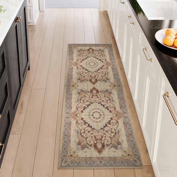 Washable Kitchen Runner Rug 2x5 ft, Non Slip Soft Low Profile Kitchen Rug with PVC Backing, Vintage Distressed Medallion Oriental Rug for Kitchen Sink, Hallway & Laundry Room