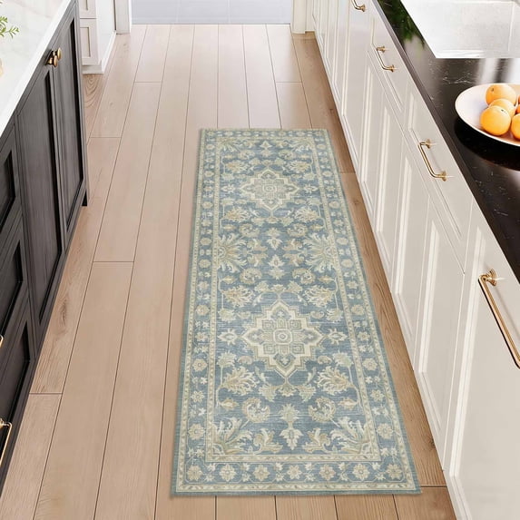 Washable Kitchen Runner Rug 2x5 ft, Non Slip Soft Low Profile Kitchen Rug with PVC Backing, Vintage Distressed Medallion Oriental Rug for Kitchen Sink, Hallway & Laundry Room
