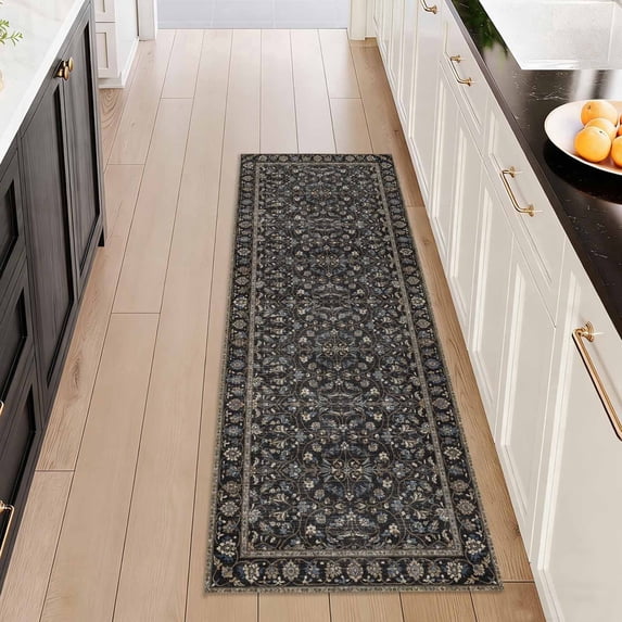 Washable Kitchen Runner Rug 2x5 ft, Non-Slip Soft Low Profile Kitchen Runner Rug with PVC Backing, Farmhouse Vintage Distressed Floral Oriental Rug for Kitchen Sink, Hallway & Laundry Room