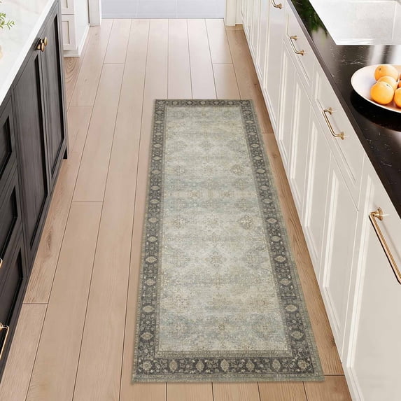 Washable Kitchen Runner Rug 2x5 ft, Non-Slip Soft Low Profile Kitchen Runner Rug with PVC Backing, Farmhouse Vintage Distressed Floral Oriental Rug for Kitchen Sink, Hallway & Laundry Room