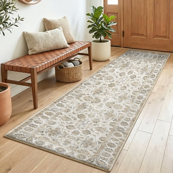 SAND KEEPER 2x5 Hallway Runner Rug, Washable Non Slip Low Pile Soft Distressed Cream Vintage Floral Rugs for Kitchen Bedroom Entryway