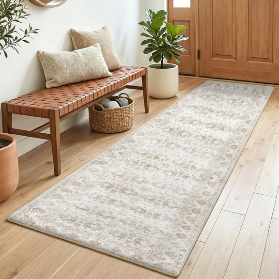 SAND KEEPER 2x5 Washable Hallway Runner Rug, Non Slip Low Pile Soft Carpet, Distressed Neutral Beige Vintage Runner Rugs for Kitchen Bedroom Entryway