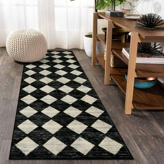 Washable Kitchen Runner Rug, 2x7 Black and White Hallway Runner Rugs with Rubber Backing Bathroom Runners, Moroccan Trellis Soft Non Slip Stain Resistance Carpet Runners for Entryway Bedside