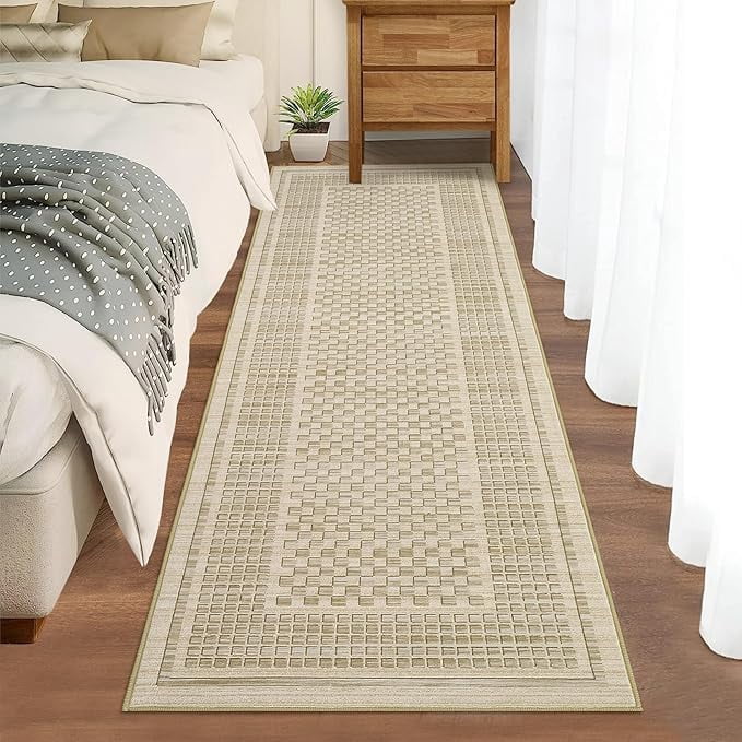 Washable Kitchen Runner Rug 2x8, Beige Runners for Hallway, Non Slip Boho Soft Bathroom Stain Resistant Throw Mat Bordered Carpet Runner for Laundry Entryway Bedroom 2'x8' Beige