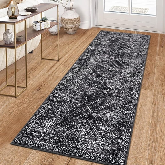 Washable Kitchen Runner Rug 2x8 Black Runners for Hallway Non Slip Bohemian Soft Bathroom Throw Mat Geometric Carpet Runner for Laundry Entryway Bedroom 2'x8' Black
