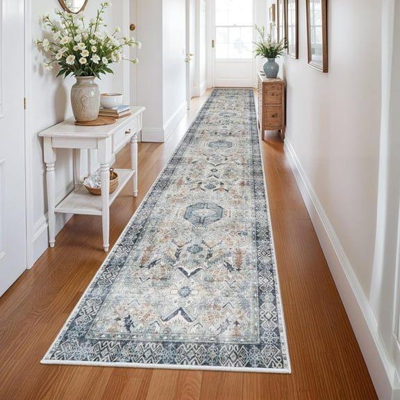 Washable Kitchen Runner Rug - 3x14 Hallway Rug Distressed Mats Non-Slip Soft Room Floor Carpet for Dining Room (Grey/Blue, 3x14)
