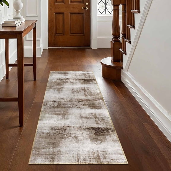 Washable Kitchen Runner Rug 60" x 22", Modern Abstract Textured Area Rug, Neutral Soft Low Profile Non Slip Kitchen Runner Rug for Kitchen, Hallway & Laundry Room, Brown