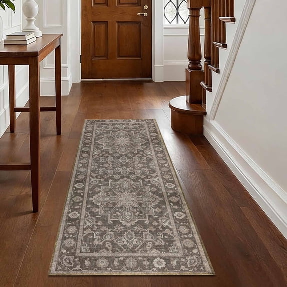 Washable Kitchen Runner Rug 60" x 22", Non-Slip Low Profile Kitchen Rug, Vintage Distressed Medallion Oriental Area Rug for Kitchen, Hallway & Laundry Room, Brown