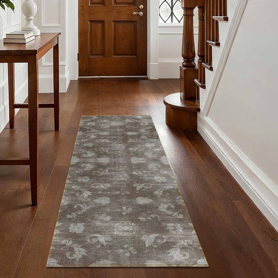 Washable Kitchen Runner Rug 60" x 22", Non-Slip Soft Low Profile Kitchen Rug, Farmhouse Distressed Floral Oriental Rug for Kitchen, Hallway & Laundry Room, Brown