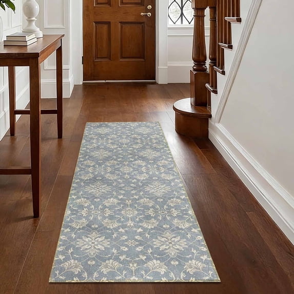 Washable Kitchen Runner Rug 60" x 22", Non-Slip Soft Low Profile Kitchen Rug, Farmhouse Distressed Floral Oriental Rug for Kitchen, Hallway & Laundry Room