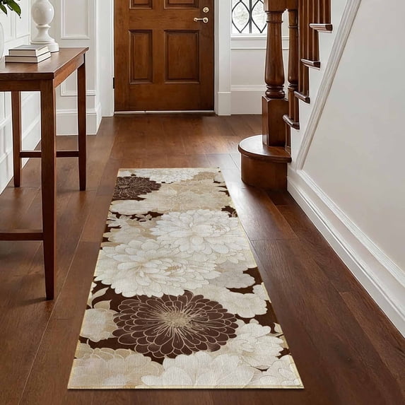 Washable Kitchen Runner Rug 60" x 22", Non-Slip Soft Low Profile Modern Floral Microfiber Mat for Entryway, Kitchen, Hallway, Laundry, Brown