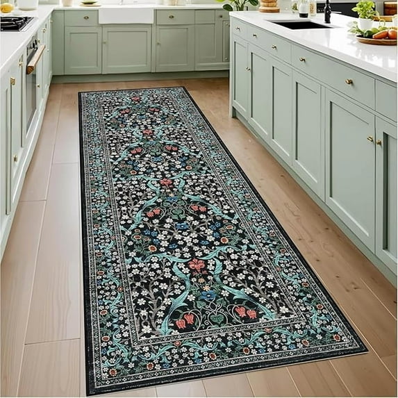 Washable Kitchen Runner Rug, Floral 2x6 Rug for Hallway Non Slip Stain Resistant, Ultra-Thin Boho Soft Hallway Rug for Entryway, Laundry Room Floor Mat, Black