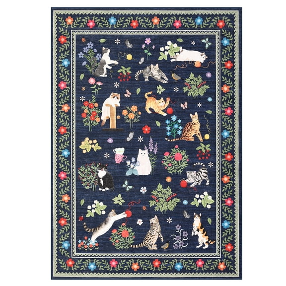 Washable Kitchen Runner Rug – Non-Slip, Cute Cat and Animal Print, Smudge Resistant, Soft Low Pile Collapsible Mat for Bedroom, Entryway