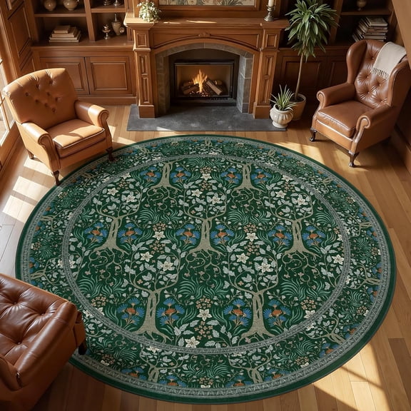 Washable Large 8ft Round Rug, Vintage Non-Slip Circle Carpet, Dark Green Floral