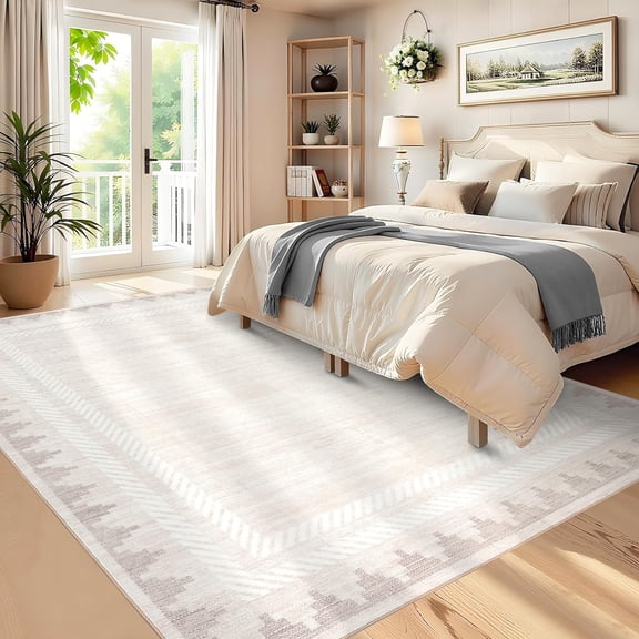 Washable Large Area Rug 8x10 Modern Solid Living Room Rug Bordered Rugs for Bedroom Neutral Carpet 8x10 Rugs for Farmhouse Dining Room Non-Slip Stain Resistant Under Table White Rug