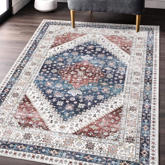 Washable Large Area Rug 9'x12' Vintage Distressed Non Slip No-Shedding Backing Floor Cover Soft Low Pile Foldable Floral Medallion Print Accent Throw Carpet for Home Office Decor, Blue
