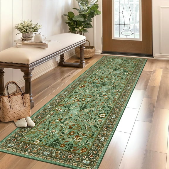 Washable Large Area Rug with Botanical Floral Pattern, Soft Low Pile, Ultra-Thin Non-Slip Carpet for Living Room, Bedroom, Dining Room, Nursery, Office