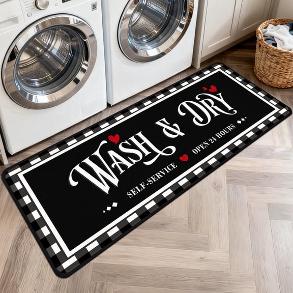 Washable Laundry Room Rug, 20" X 47" Non Slip Soft Low-Pile Farmhouse Laundry Decor Area Rug, Black Plaid