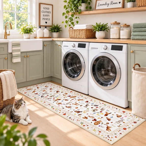 Lecolaco Washable Area Rug 2'x4', Soft Low-Pile Floral Cat Rug, Non-Slip Floor Mat for Living Room, Laundry, Beige
