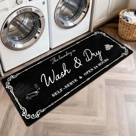 Washable Laundry Room Rug, 20"X59" Non Slip Soft Low-Pile Laundry Mat Farmhouse Laundry Room Decor Area Rug for Kitchen Bathroom Black