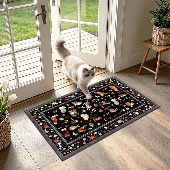 Lecolaco 2’x3' Floral Cat Small Area Rug, Washable Indoor Door Mat, Soft Low-Pile Throw Rugs for Entryway, Kitchen, Black