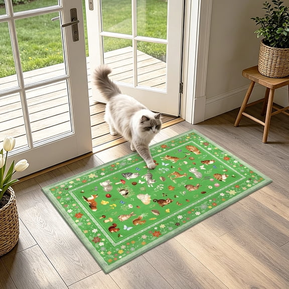 Lecolaco 2x3 Floral Cat Small Area Rug, Washable Indoor Door Mat, Soft Low-Pile Throw Rugs for Entryway, Kitchen, Green
