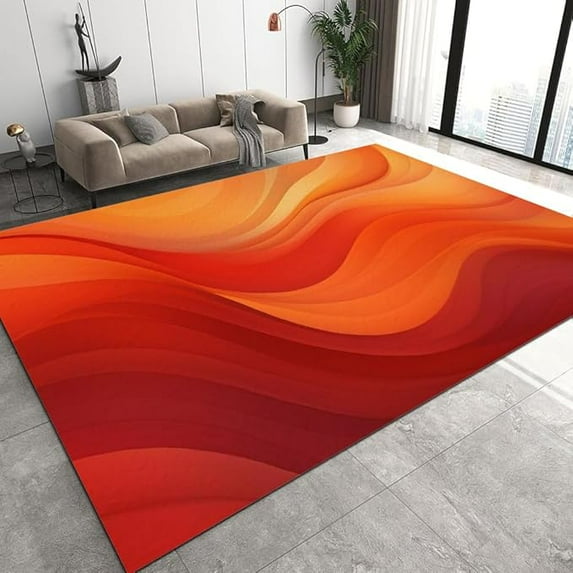 Washable Living Room Large Area Rug, Abstract Burnt Orange Ripple Texture Living Room Rugs, Low Pile Non-Slip Bedroom Carpet, Soft Kitchen Office Balcony Area Carpet 5 x 6ft
