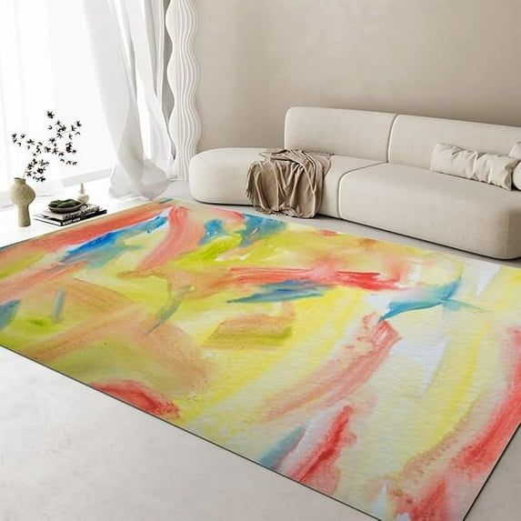 Washable Living Room Large Area Rug, Multicolor Doodle Style Design Bedroom Rug, Soft Low Pile Washable Non-Slip Carpet For Living Room Kitchen Office Bathroom 4 x 6ft