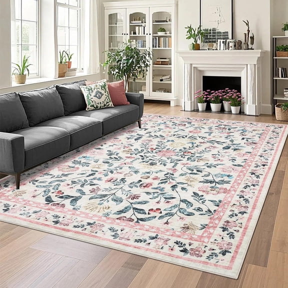 Washable Living Room Rug 10x13 Farmhouse Floral Accent Rug with Non-Slip Backing, Stain-Resistant Soft for Dining Room, Bedroom, Kids Room, Pink