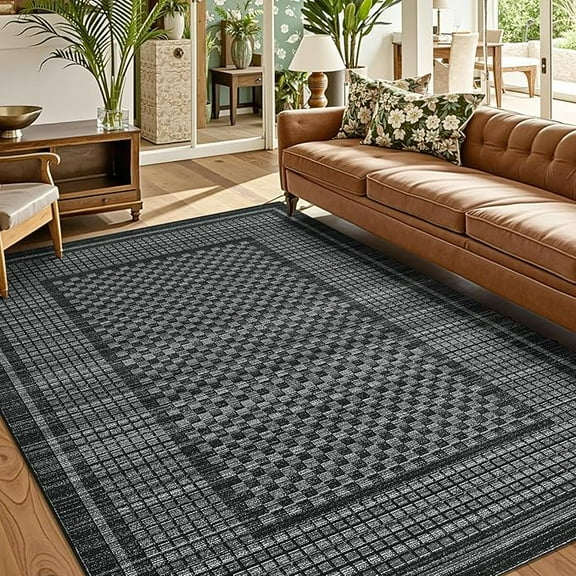 Washable Living Room Rug 5x7 Checkered Waffle Print Area Rug Non Slip Carpet Soft Non Shedding Low Pile Thin Stain Resistant Throw Rugs for Dining Room Office