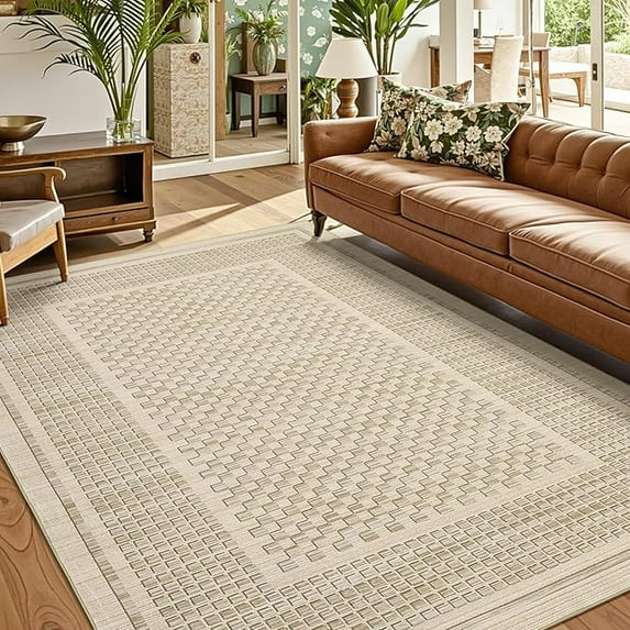 Washable Living Room Rug 5x7 Checkered Waffle Print Area Rug Non Slip Carpet Soft Non Shedding Low Pile Thin Stain Resistant Throw Rugs for Dining Room Office