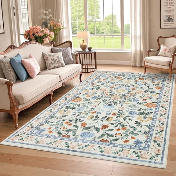 Washable Living Room Rug 6x9 Farmhouse Floral Accent Rug with Non-Slip Backing, Stain-Resistant Soft for Dining Room, Bedroom, Kids Room, Green