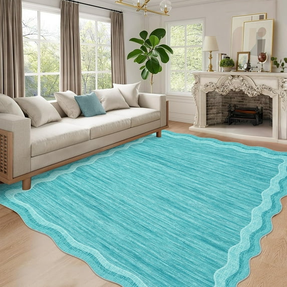 Washable Living Room Rug 8x10 Large Modern Scalloped Area Rugs with Non-Slip Backing, Stain-Resistant Foldable Floor Mat, Contemporary Low Pile Indoor Carpet for Bedroom, Office, Beige