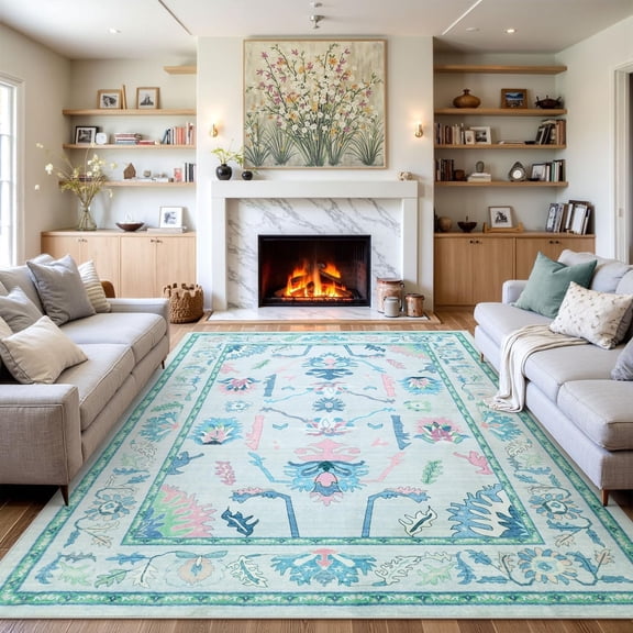 Washable Living Room Rug 8x10 Rugs, Teal Oushak Area Rug for Bedroom, Boho Soft Non-Slip Dining Room Rugs, Pastel Floral Stain Resistant Room Carpet for Office Room Playroom