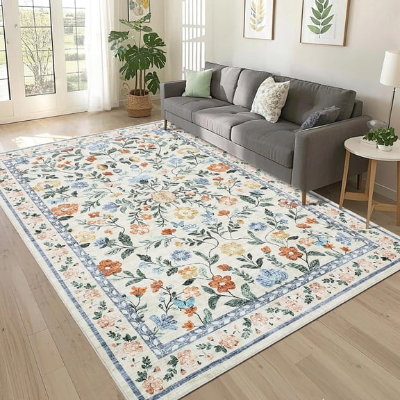 Washable Living Room Rug 9x12 Farmhouse Floral Accent Rug with Non-Slip Backing, Stain-Resistant Soft for Dining Room, Bedroom, Kids Room, Green